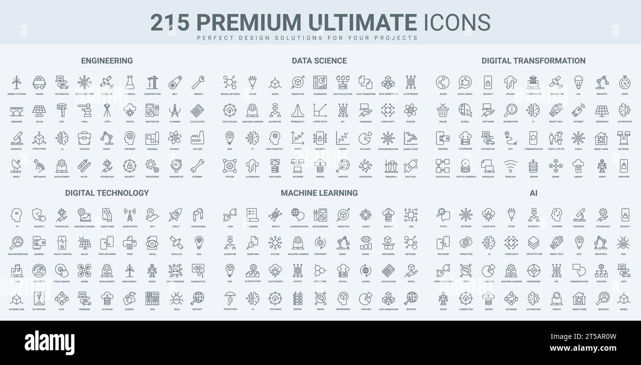 KI und intelligente Technologie, wissenschaftliche Forschung und maschinelles Lernen dünne schwarze Linien setzen die Vektorillustration. Skizzieren Sie Symbole für Automatisierung und Schutz der Datenanalyse, Roboter und neuronales Netzwerk Stock Vektor