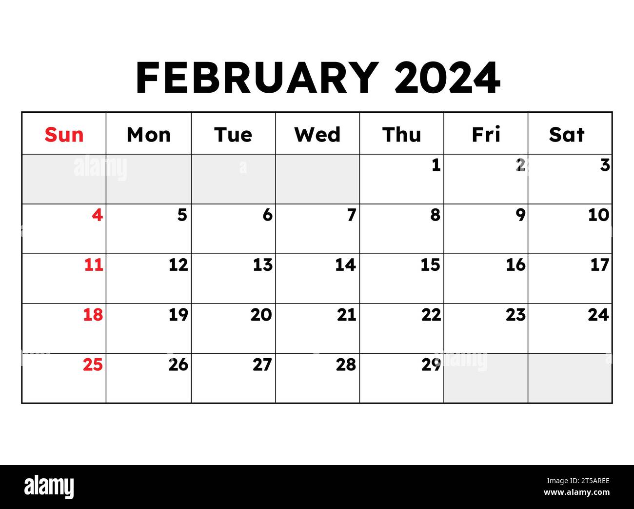 Februar 2024-Kalender. Vektorabbildung. Monatliche Planung für Ihre Geschäftsereignisse Stock Vektor