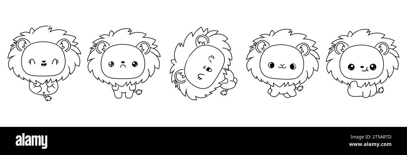 Set der Malseite für den isolierten Löwen von Kawaii. Sammlung von niedlichen Vektor Cartoon König Tier Outline für Aufkleber, Baby Dusche, Malbuch, Drucke für Stock Vektor