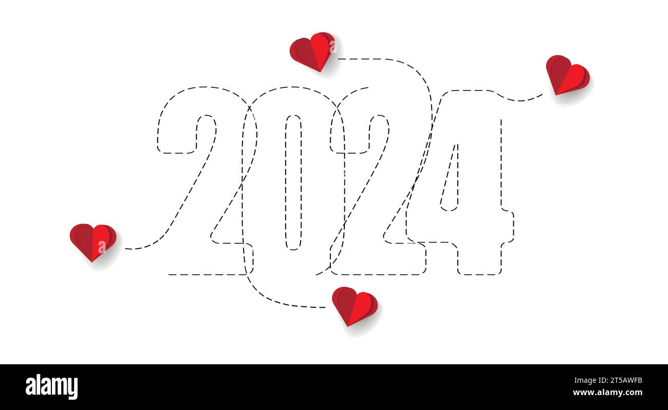 Frohe weihnachten und ein frohes neues Jahr. Fliegende Herzen mit Papierschneidtechnik mit der Route 2024. Stock Vektor