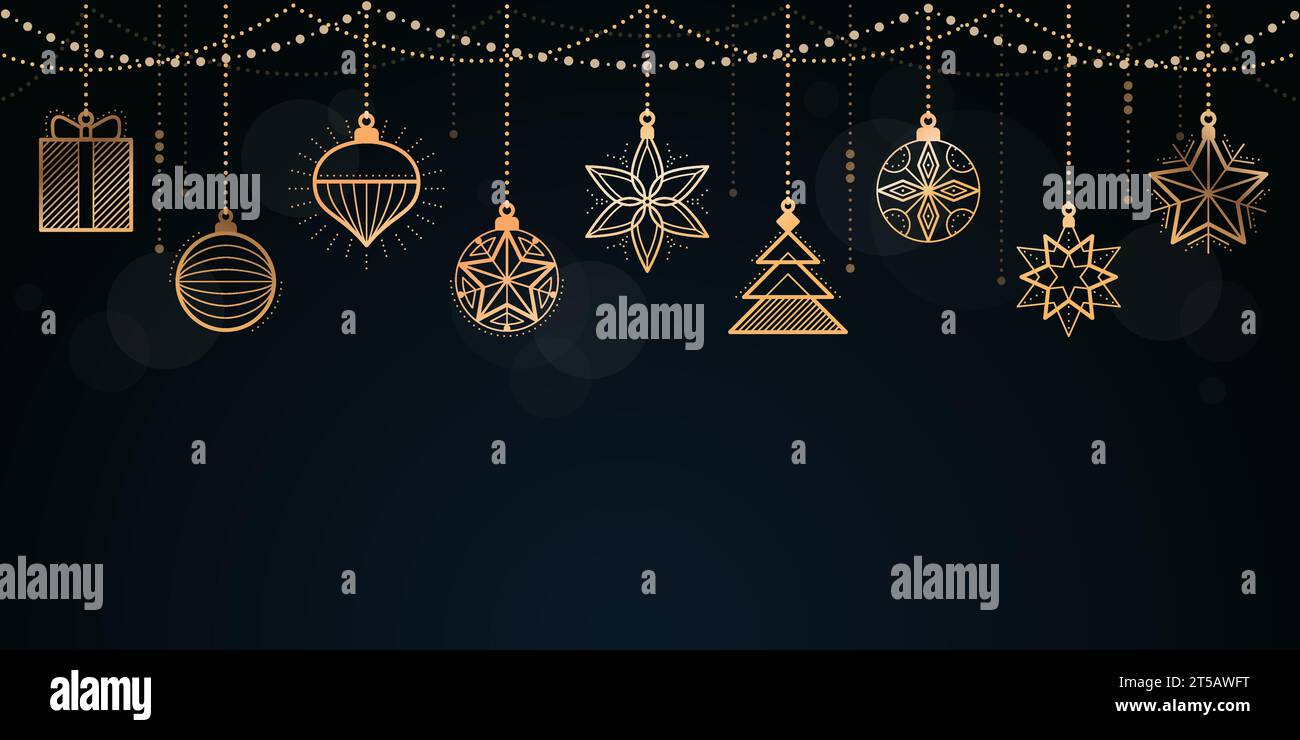 Weihnachten und Happy New Year Banner mit goldenen Dekorationen, Kopierraum Stock Vektor