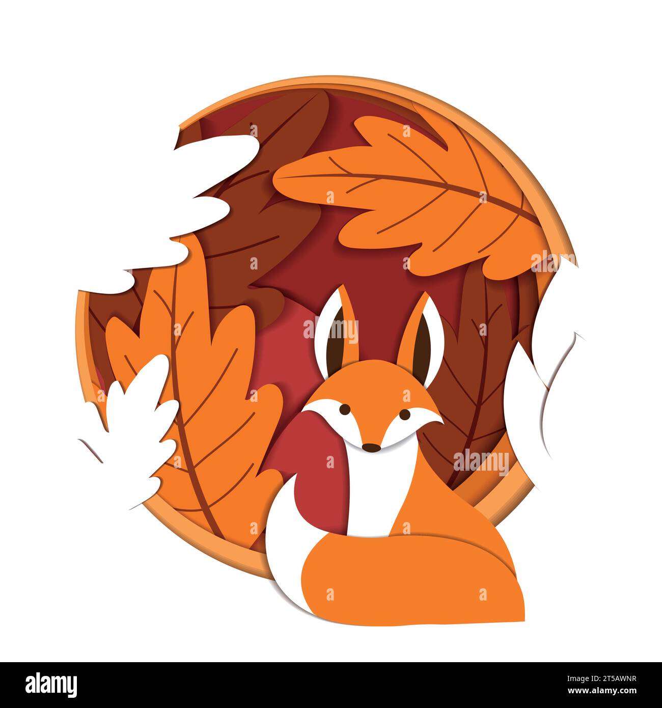 Niedlicher Fuchs mit ein paar Herbstblättern Herbstpapierkunst Vektor Stock Vektor