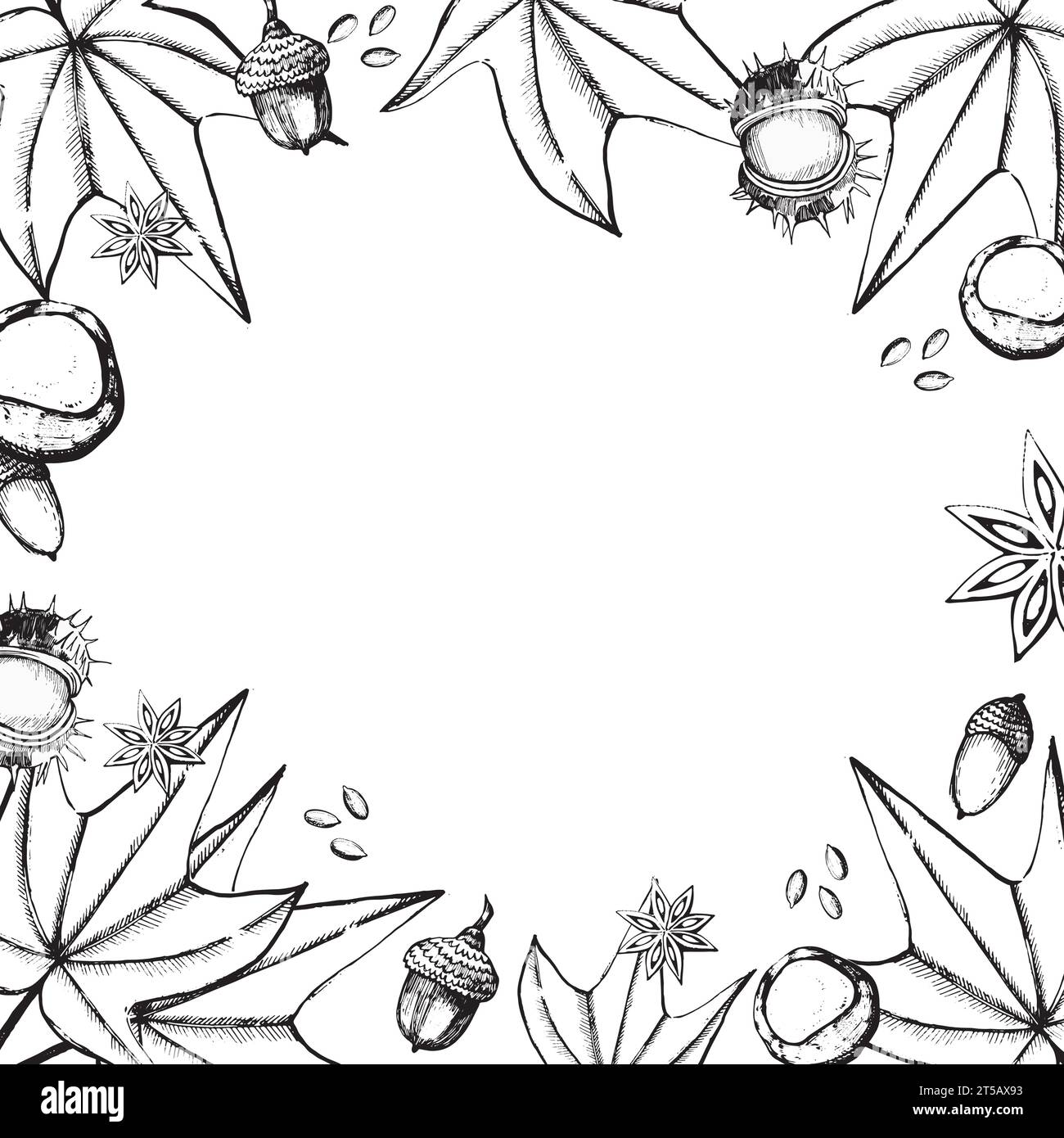 Quadratischer Rahmen mit Herbstmotiv. Ahornblätter, Nüsse, Kastanien, Pflanzensamen auf weißem Hintergrund. Geeignet für Druck, Textilien, Handwerk Stock Vektor