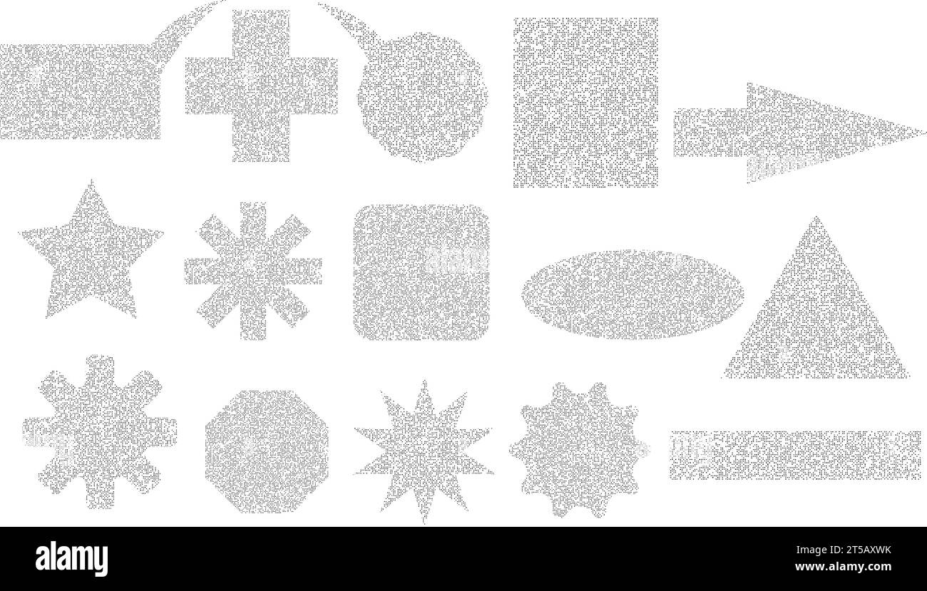 Set aus verschiedenen Symbolen und Schildern aus Sand. Geometrische Formen und Symbole mit körnigem Rauscheffekt. Grunge Stern, Kreuz, Herz, Pfeil, Quadrat Stock Vektor