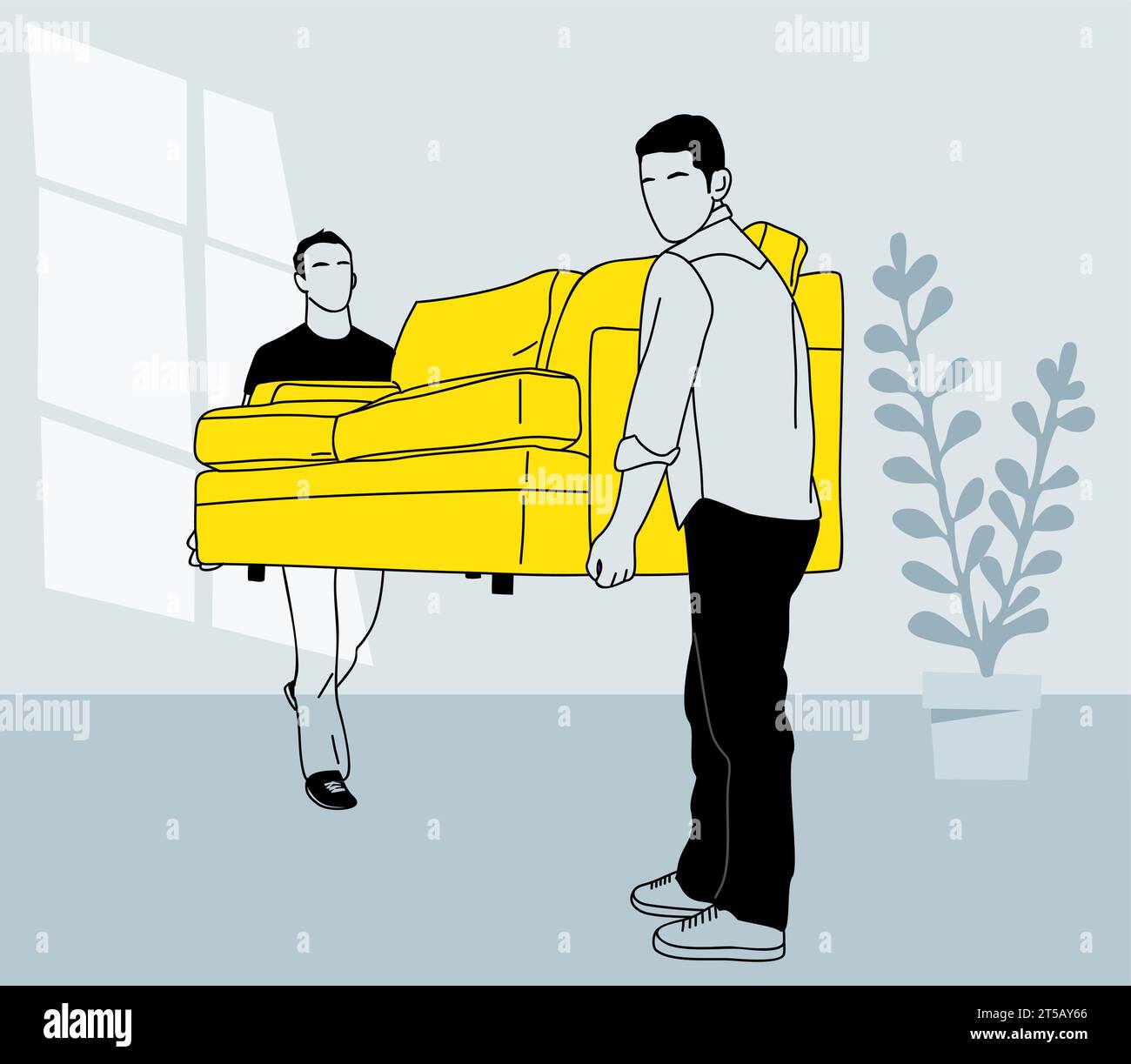 Zwei junge Männer mit gelbem Sofa, Couchvektor. Stock Vektor