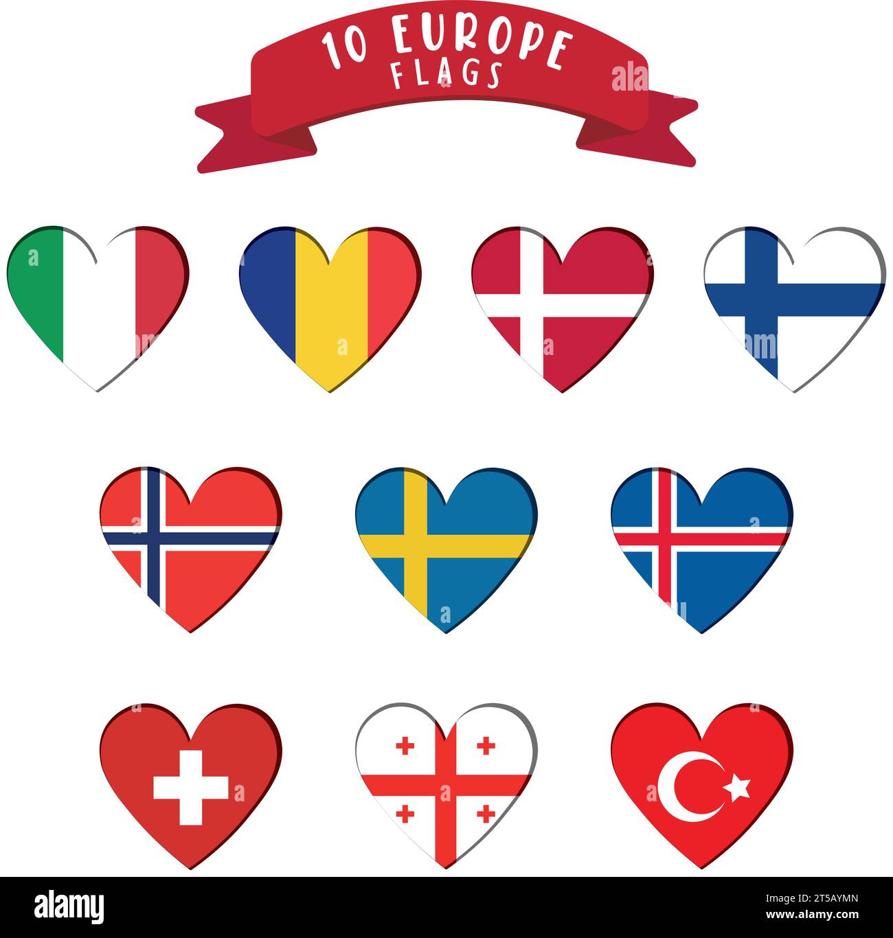 Set von Herzformen mit verschiedenen europäischen Flaggen Vektor Stock Vektor