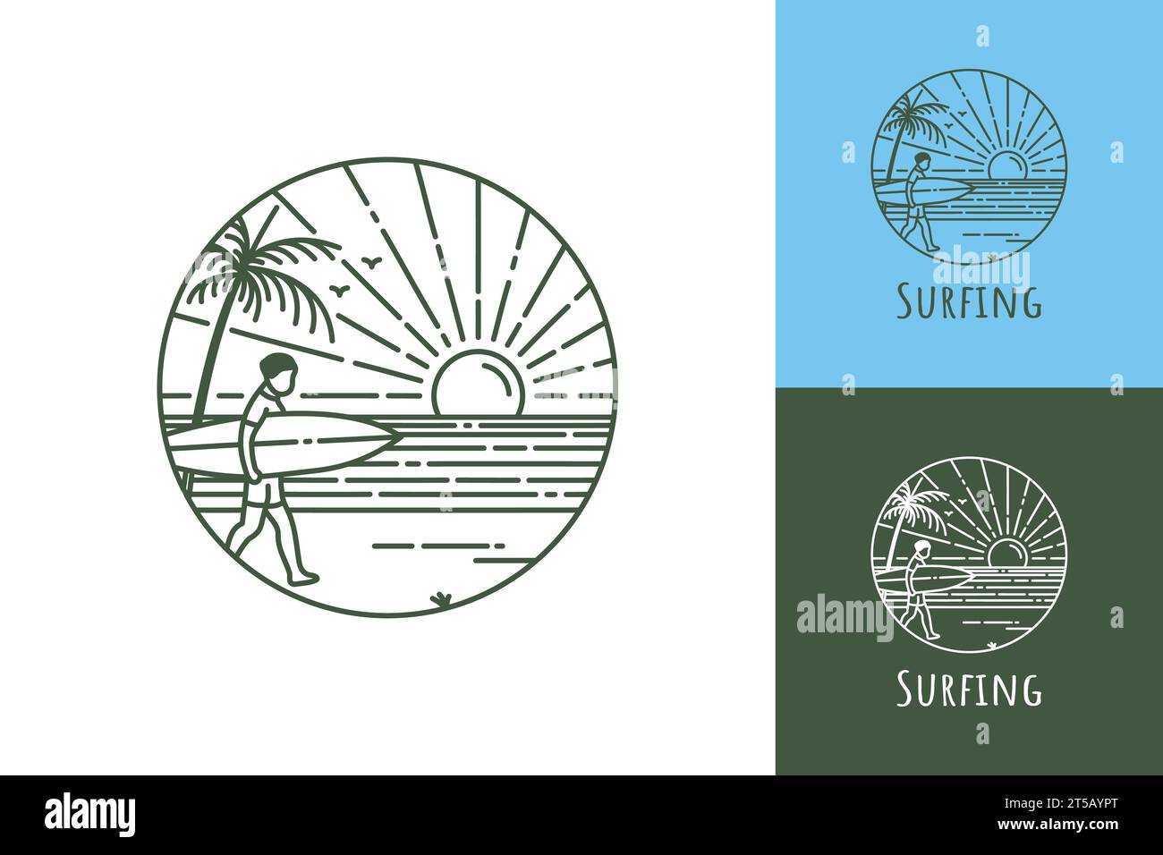 Surfendes Logo auf tropischem Strandmann, der Surfbrett am Sonnenuntergang trägt, Linie Art Design Konzept Vektorillustration Stock Vektor