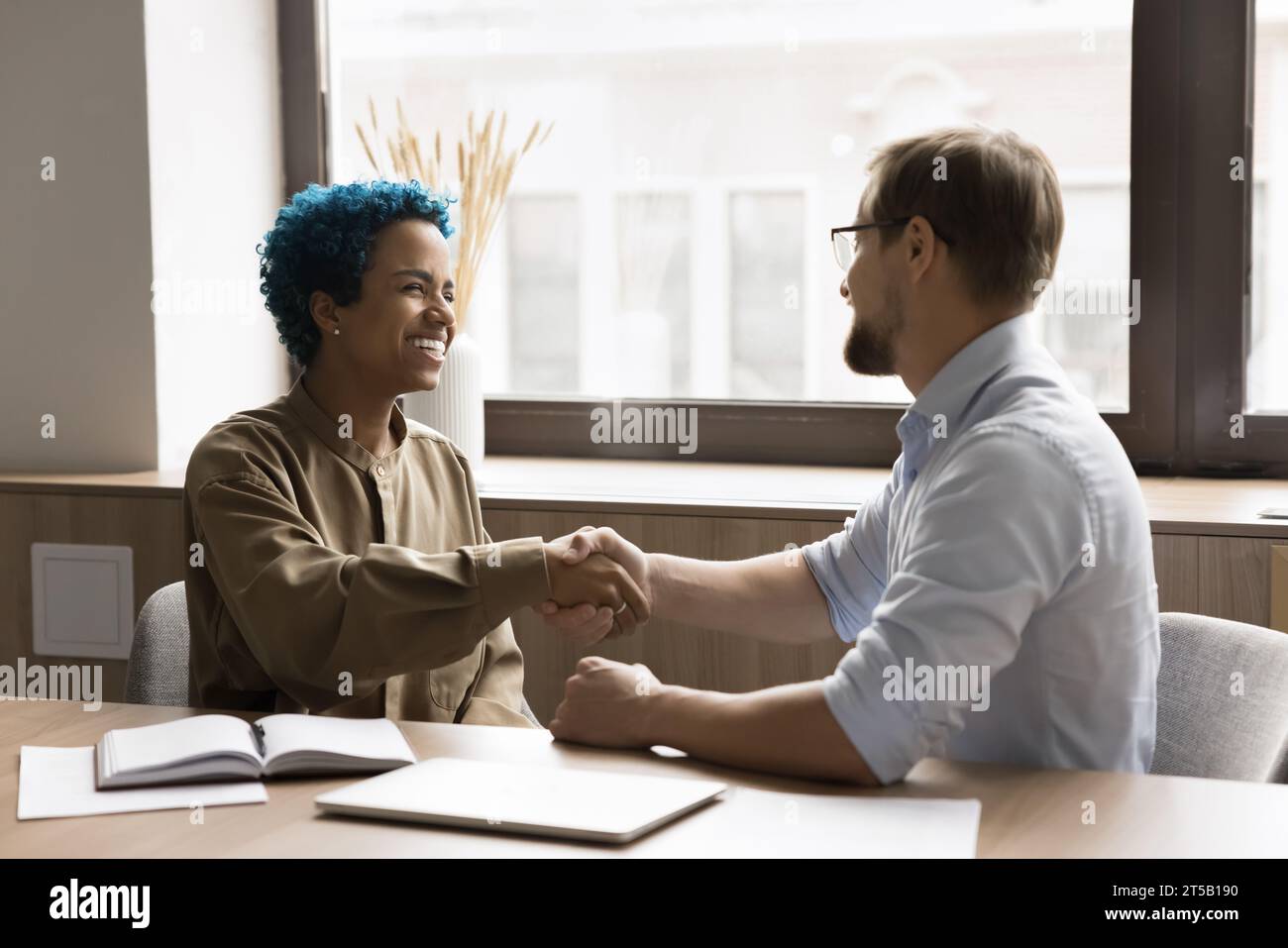 Ein paar fröhliche Bürokollegen schütteln die Hand, lachen Stockfoto