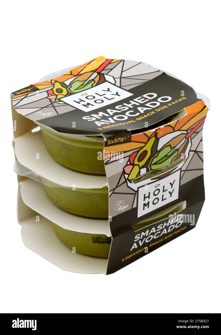 Holy Moly Dips enthält drei Einzelpackungen mit zertrümmerten Avocado 3 x 57 g Packungen Stockfoto