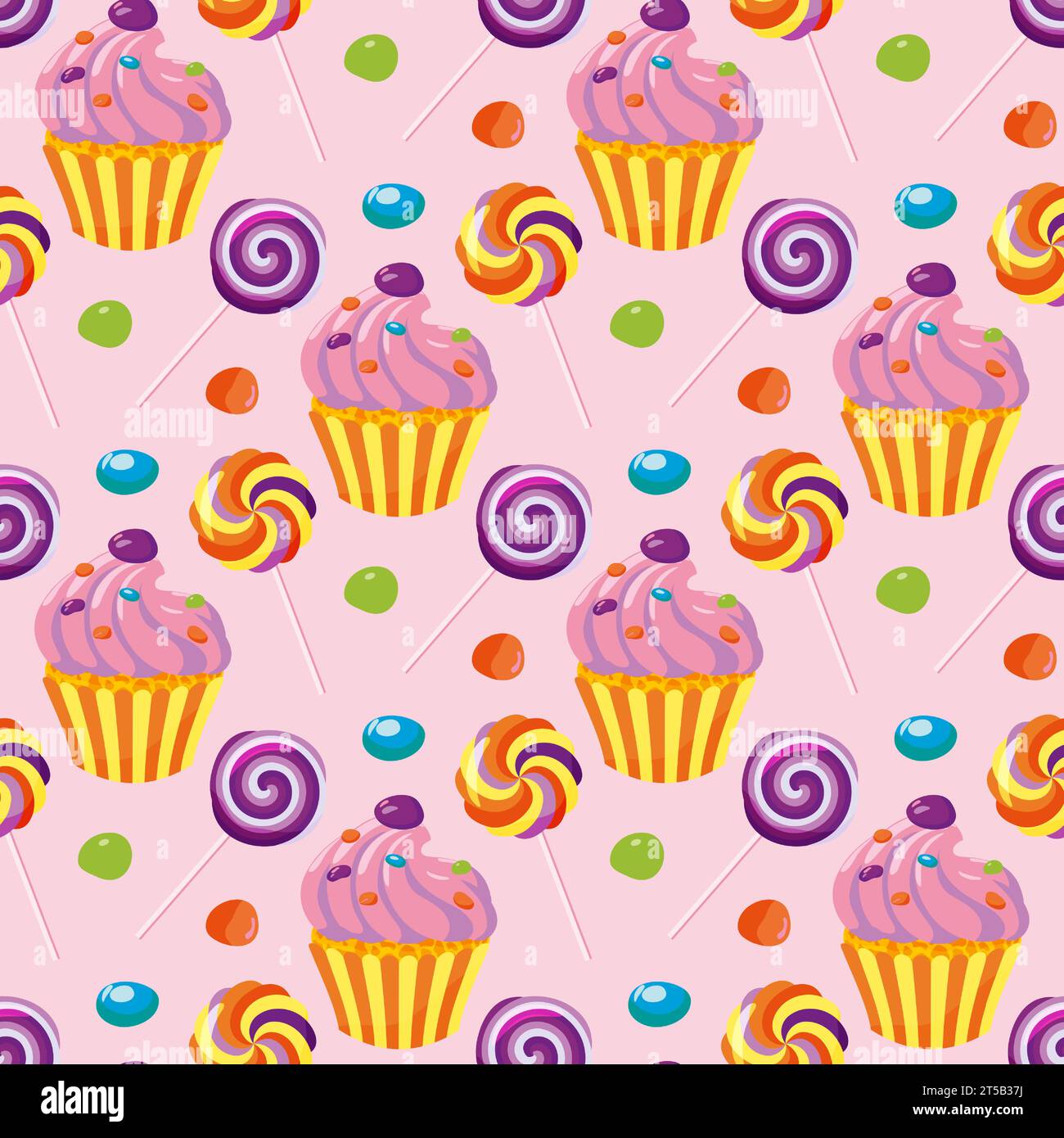 Nahtloses Muster aus Süßigkeiten, Keksen und Cupcakes, dekoriert mit Creme. Geburtstagskuchen mit Süßigkeiten. Rosafarbener Hintergrund. Für Verpackungspapier, Verpackung, f Stock Vektor