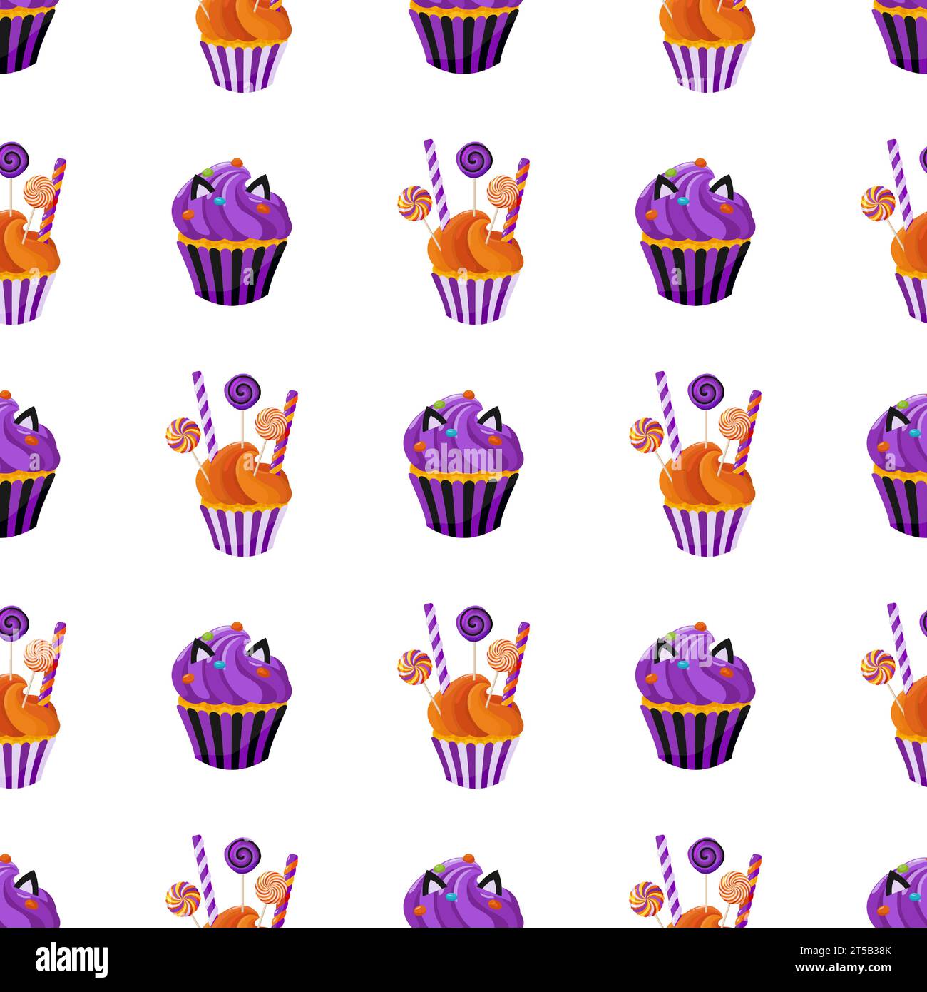 Hintergrund der süßen Leckereien, einschließlich Süßigkeiten, Süßwaren und Cremesucksäcke. Nahtloses Muster mit Cupcakes. Zum Einpacken von Papier, Verpackung, Stoff, W Stock Vektor