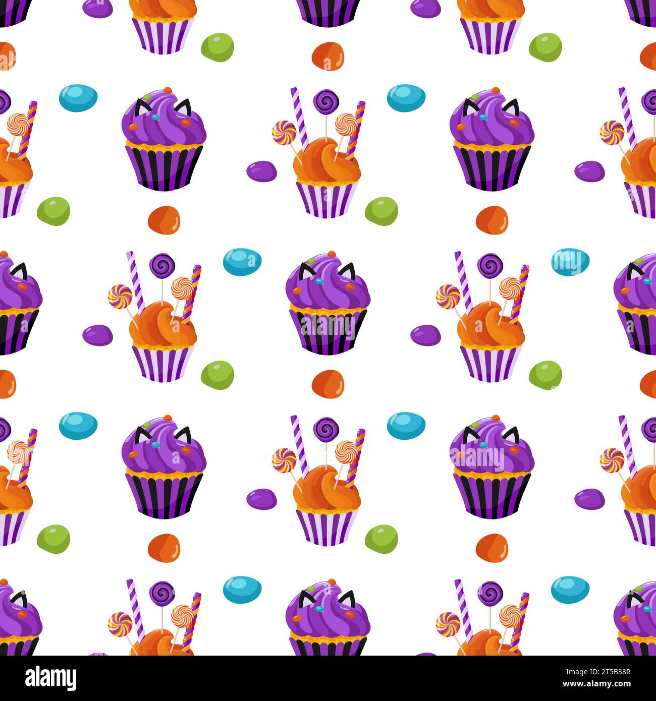 Nahtloses Muster mit Gebäck, Süßigkeiten, Keksen und Cupcake mit Creme auf weißem Hintergrund. Nahtloses Cupcake-Muster. Zum Einpacken von Papier, Pa Stock Vektor