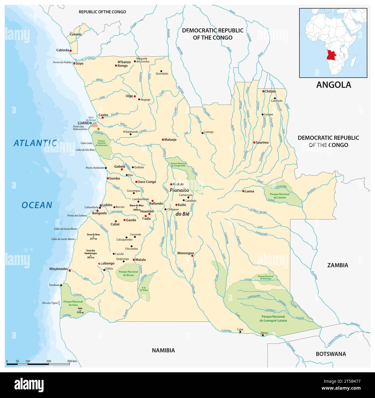 Vektorkarte des südwestafrikanischen Staates Angola Stockfoto