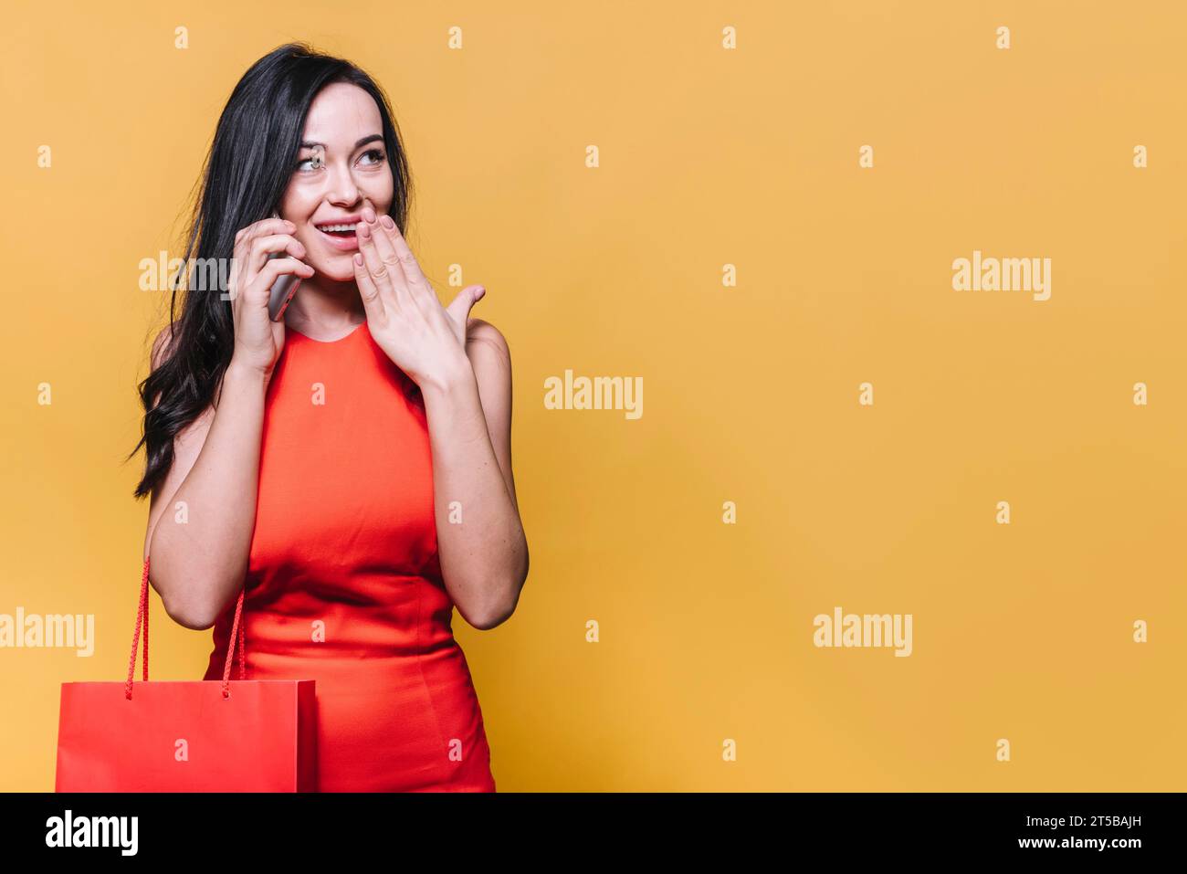 Glückliche Einkaufsmängerin, die telefoniert Stockfoto