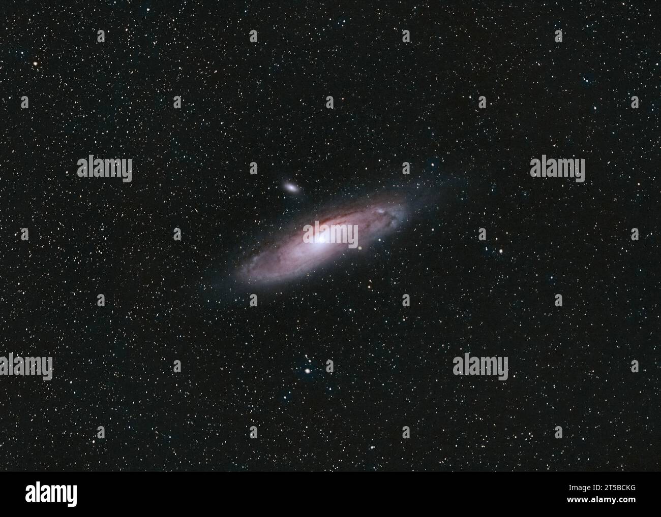 Andromeda Galaxy - Spiralgalaxie im Sternbild Andromeda (Messier 31) (M31), aufgenommen durch ein spiegelloses Kameraobjektiv, das mit 200 mm, unserem Neigungswinkel, aufgenommen wurde Stockfoto