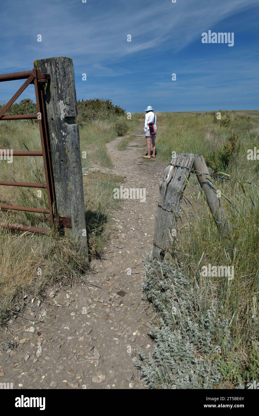 Einsame Frauen, die allein auf dem Weg im steifen Norden norfolk englands laufen Stockfoto