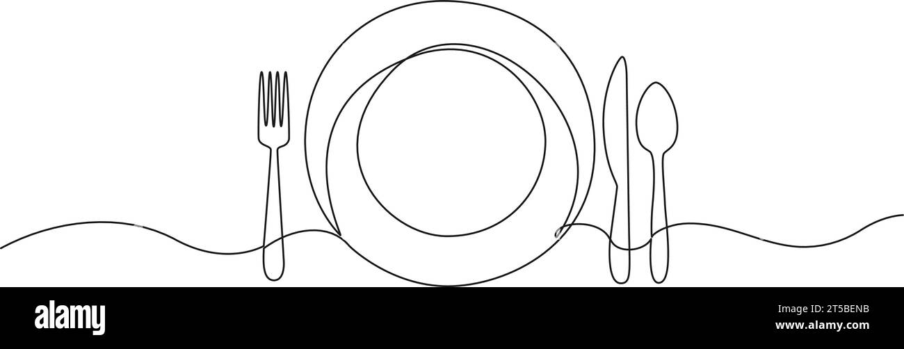 Kontinuierliche einzeilige Zeichnung des Dinner-Konzepts, Teller mit Gabel, Messer und Löffel, Linie Art Vektor Illustration Stock Vektor