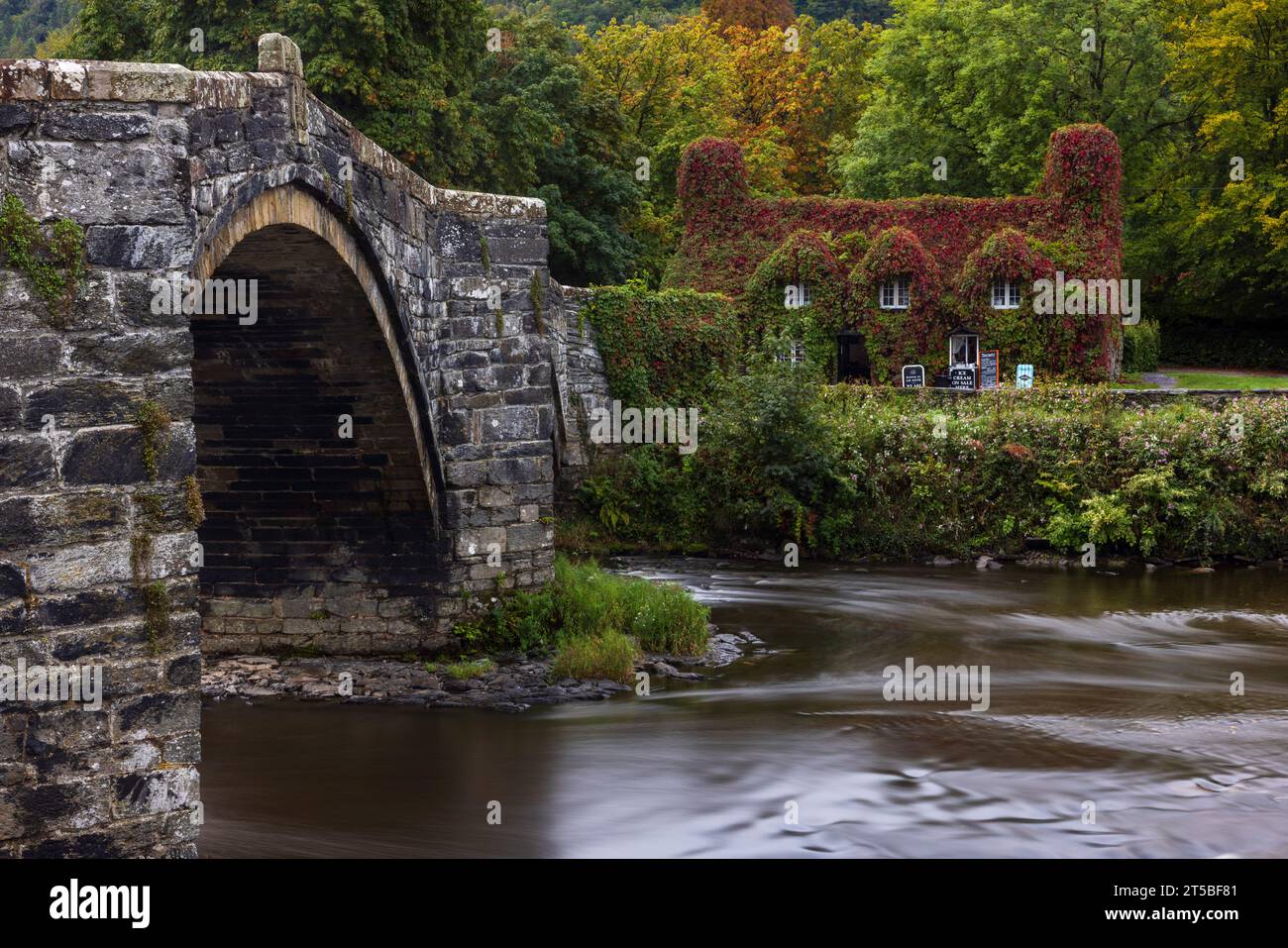 Die historische Brücke Pont Fawr und die Teestuben Tu Hwnt i'r Bont in Llanrwst, Wales. Stockfoto