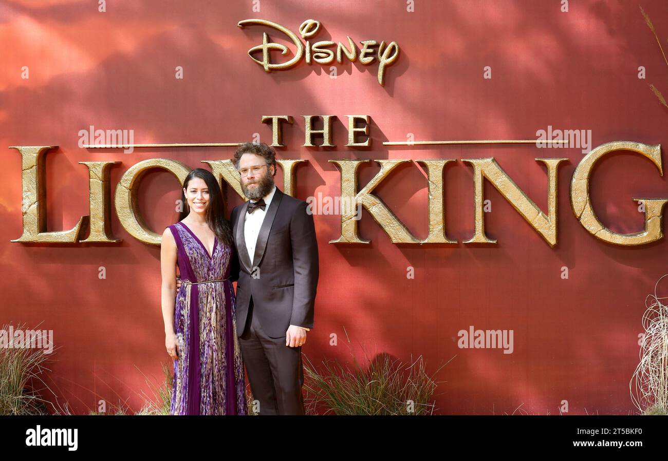 Lauren Miller und Seth Rogen nehmen an der europäischen Premiere „der König der Löwen“ am Odeon Leicester Square in London Teil. Stockfoto