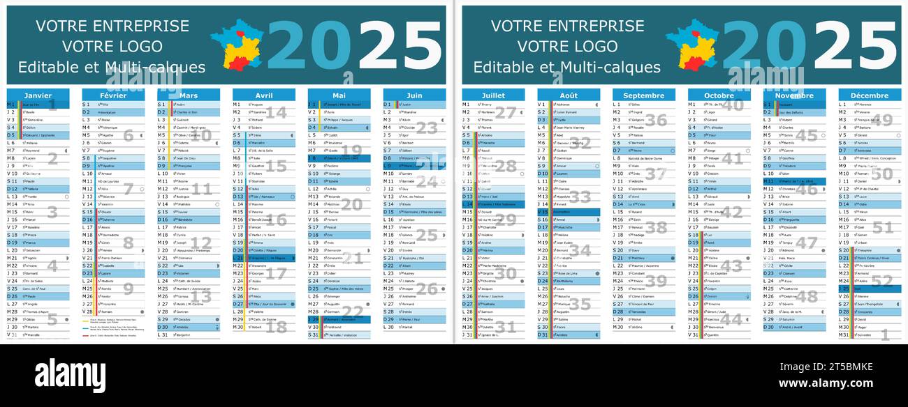 französischer Kalender 2025 mit Heiligen und Feiertagen Stock Vektor