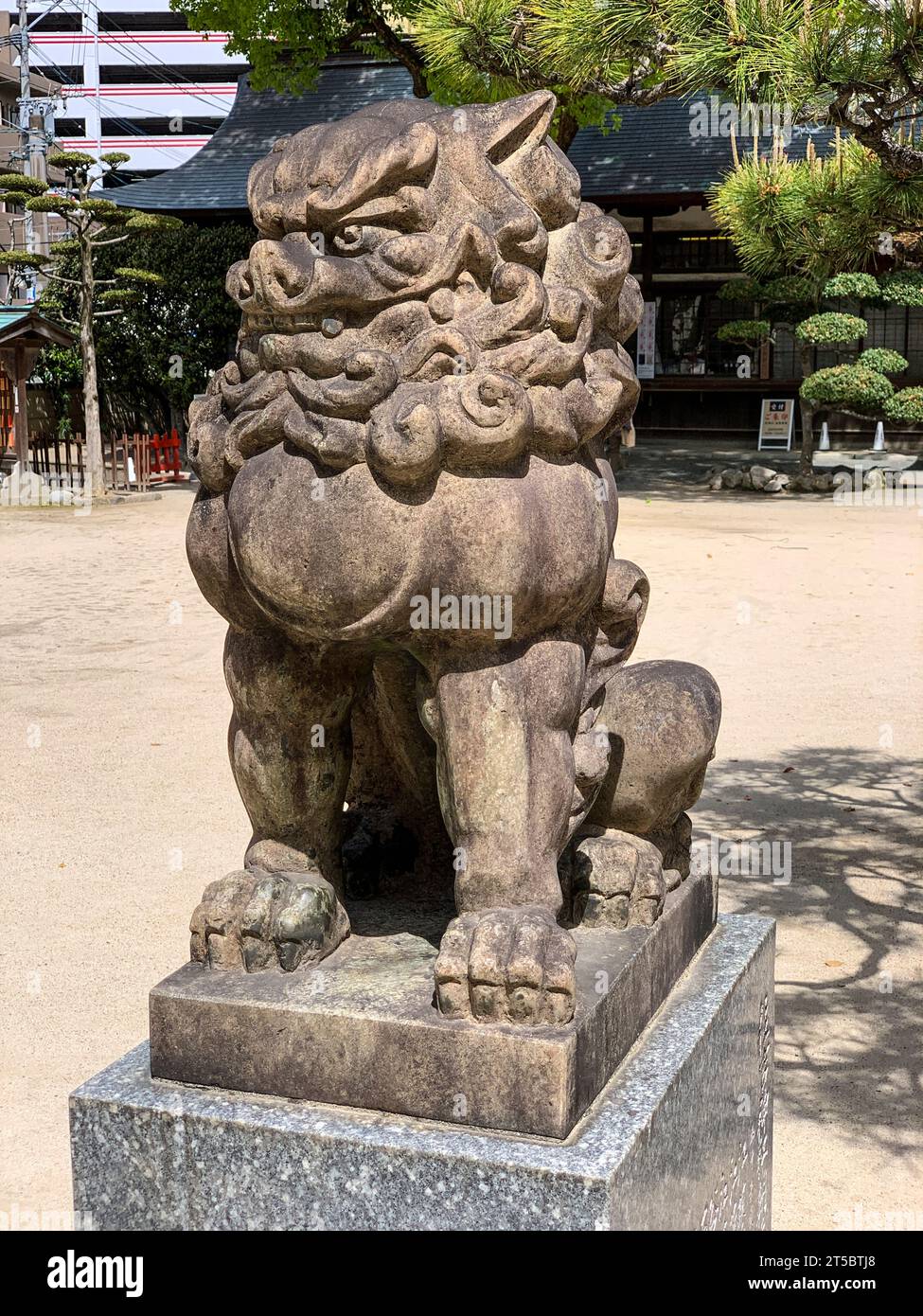 Fukuoka, Hakata, Japan. Sumiyoshi Shinto-Schrein. Löwenhund Wächter, Mund geschlossen, was den letzten Ton des Todes bedeutet. Stockfoto