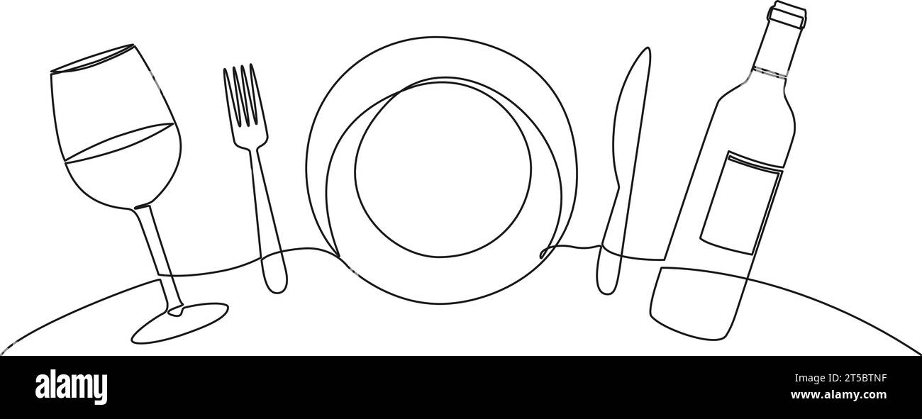 Abendessen Konzept kontinuierliche einzeilige Zeichnung, Teller, Gabel, Messer, Weinglas und Flasche Linie Kunst Vektor Illustration Stock Vektor