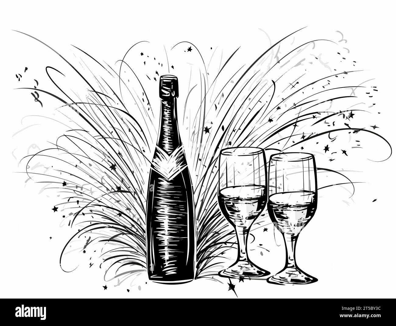 Zeichnung von schwarzem Neujahrsfeuerwerk und Champagner isolierte Illustration getrennte, überzogene Linien. Stock Vektor