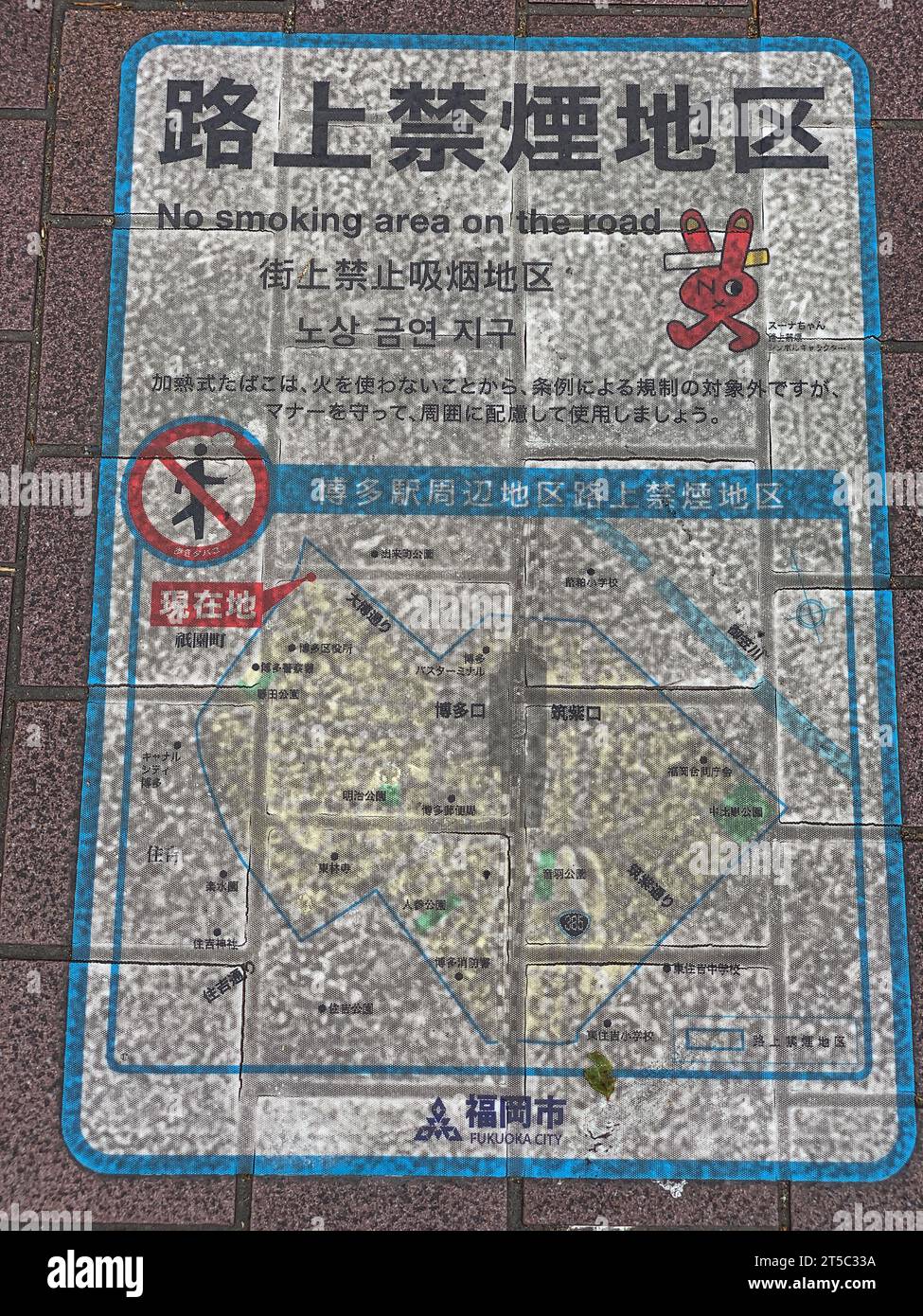 Fukuoka, Hakata, Japan. Gehsteig-Schild, auf dem Fußgänger das Rauchen in einem durch die Karte definierten Bereich nicht gestattet ist. Stockfoto