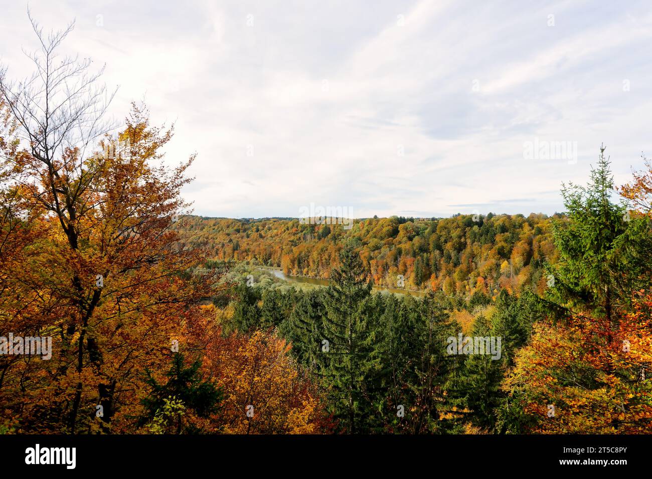 Herbstlandschaft der Isar in bayern - deutschland. Beliebter Ort für Erholung Stockfoto