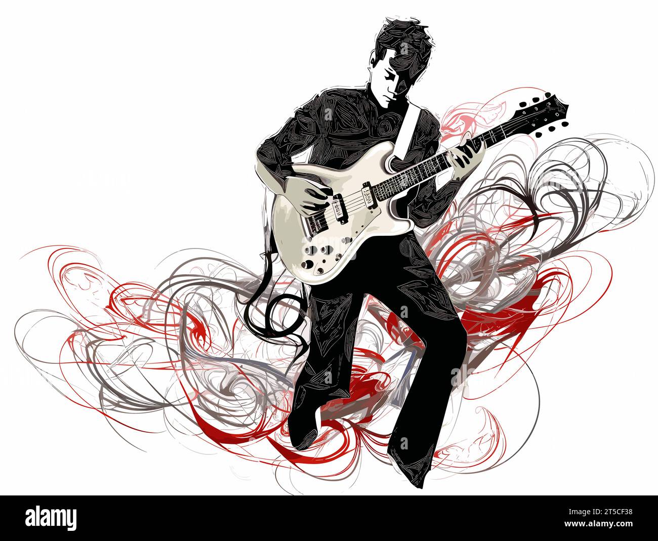 Zeichnung von Live-Musik Hintergrund Gitarrenspieler und öffentliche Illustration getrennte, schwungvolle überzogene Linien. Stock Vektor