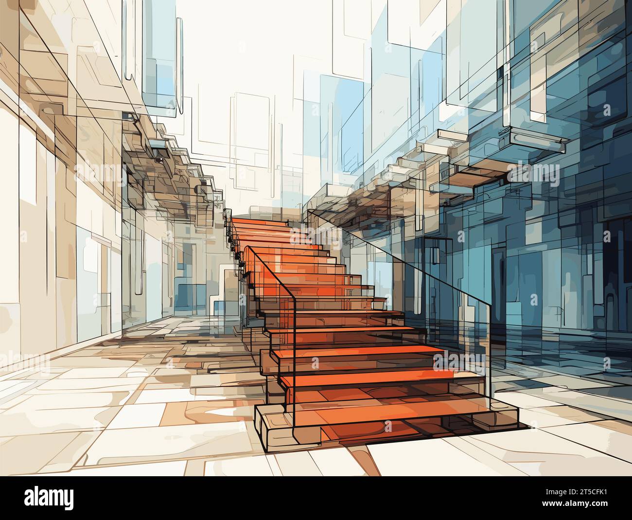 Zeichnung beweglicher Treppen hinter einer Glaswand, Illustration getrennte, überzogene Linien. Stock Vektor