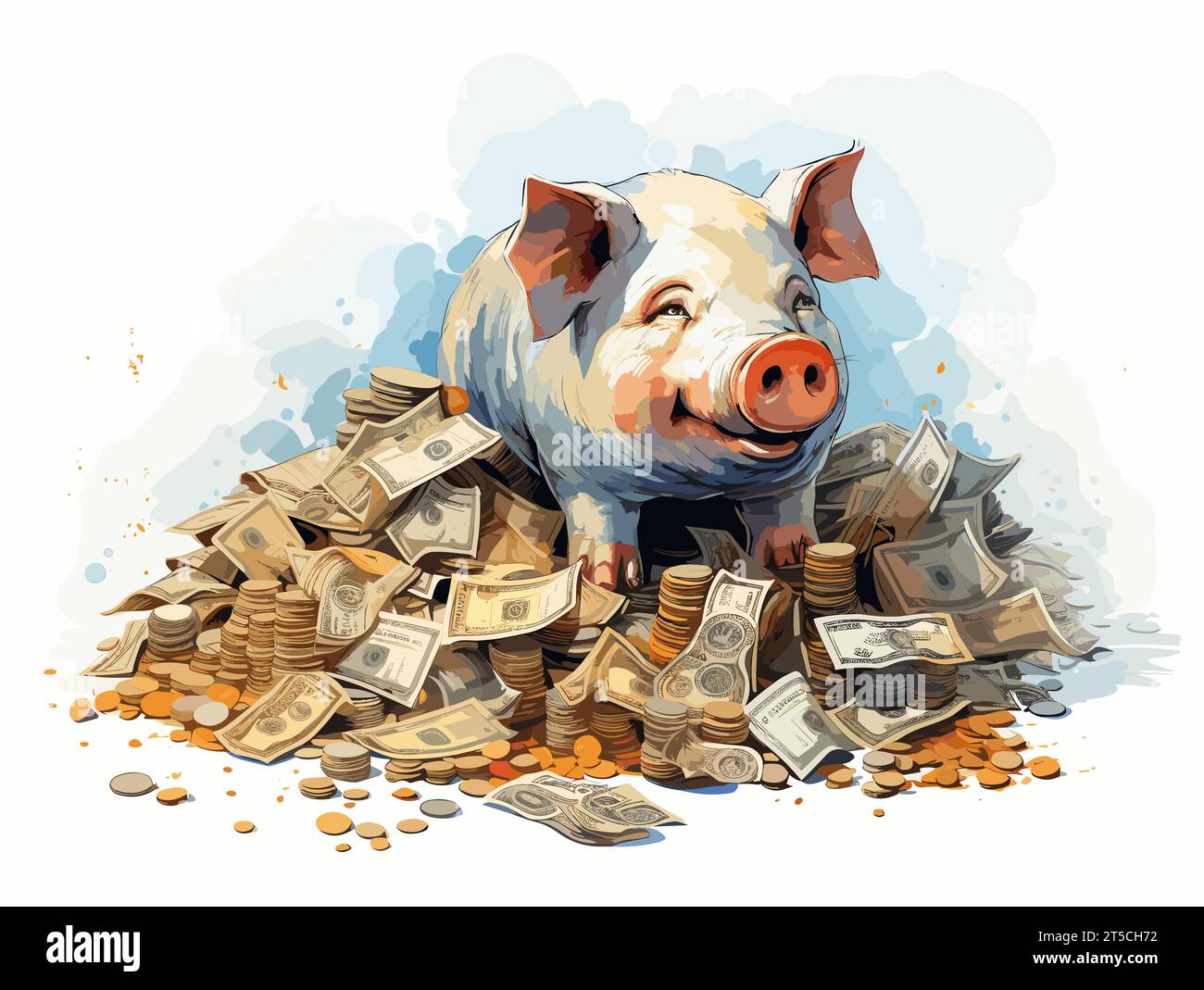 Zeichnung von Schweinchen mit Geldillustration getrennte, überzogene Linien. Stock Vektor