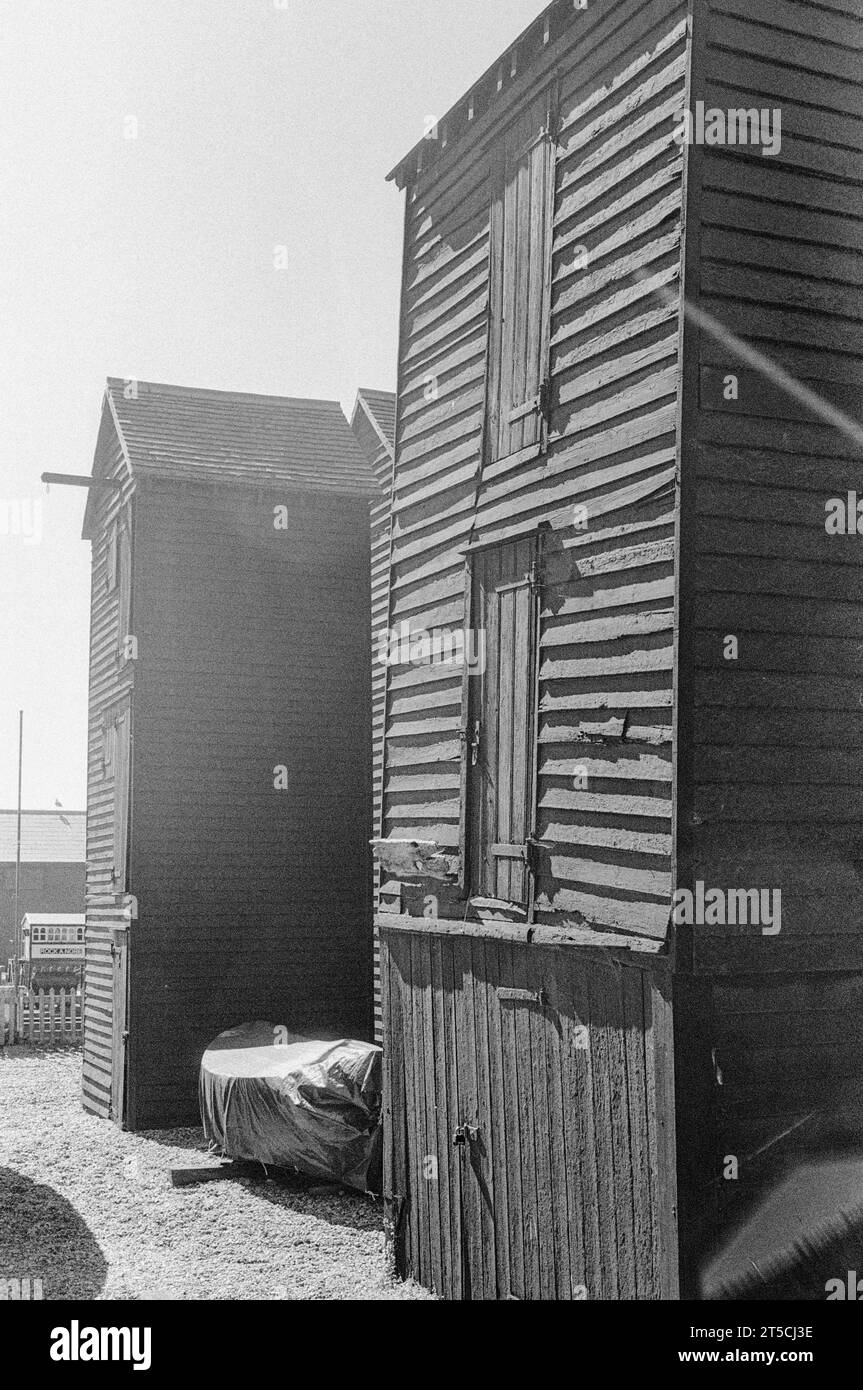 Historische Fischerhütten in Hastings, England Stockfoto