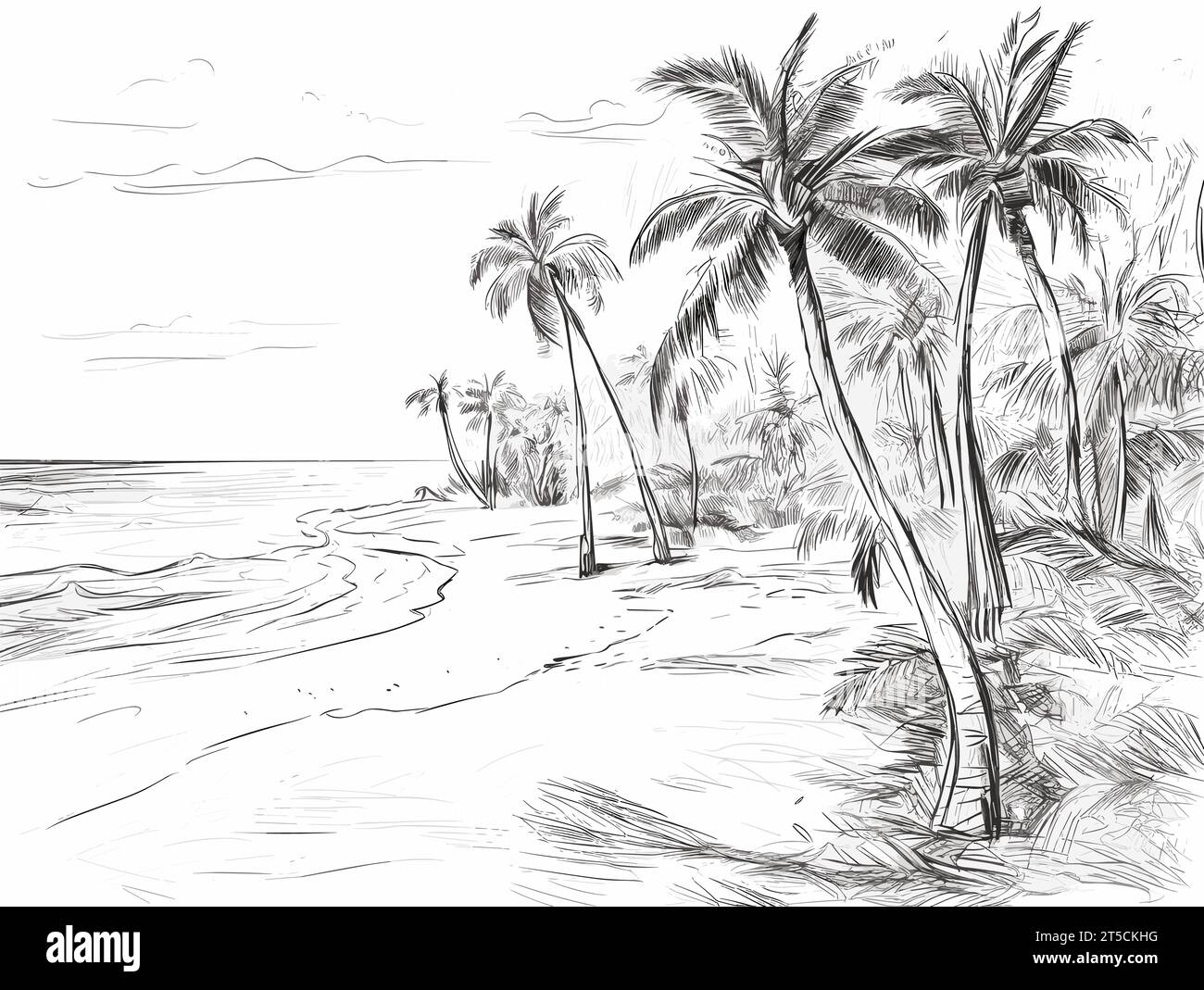 Zeichnung des tropischen Strandes in der Dominikanischen Republik Illustration getrennte, überzogene Linien. Stock Vektor