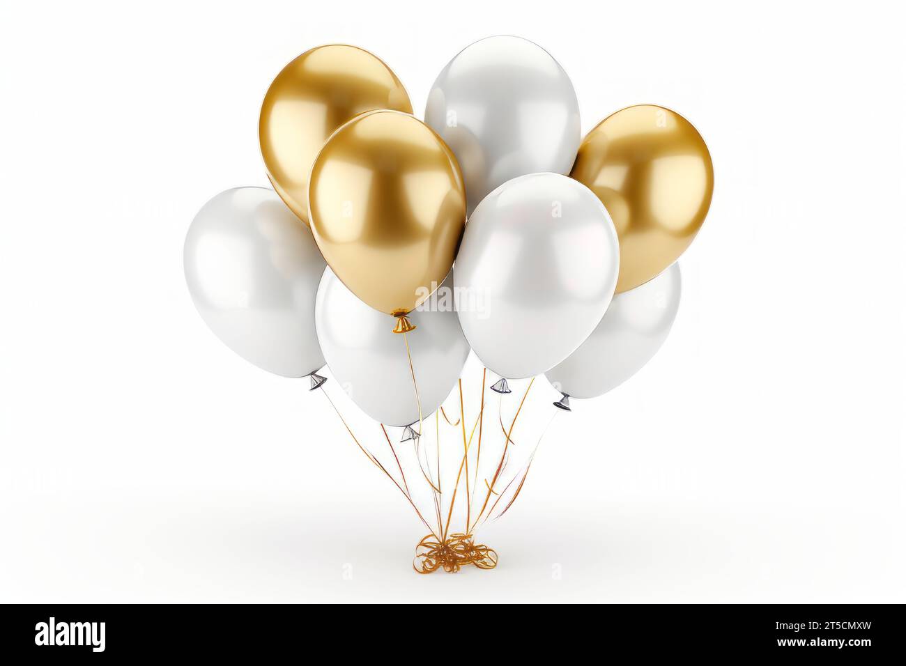 Eleganter Heliumballon in weiß und Gold mit glänzenden Metallic-Akzenten auf reinweißem Hintergrund Stockfoto