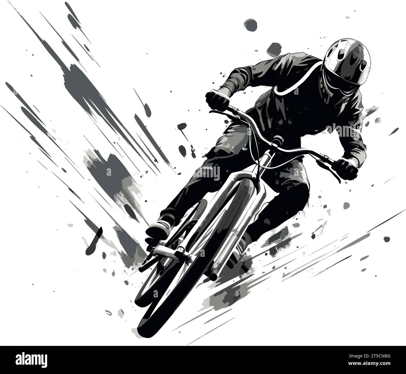 Zeichnung des jungen Sprungens mit Fahrrad-Silhouette Illustration getrennte, schwungvolle überzogene Linien. Stock Vektor