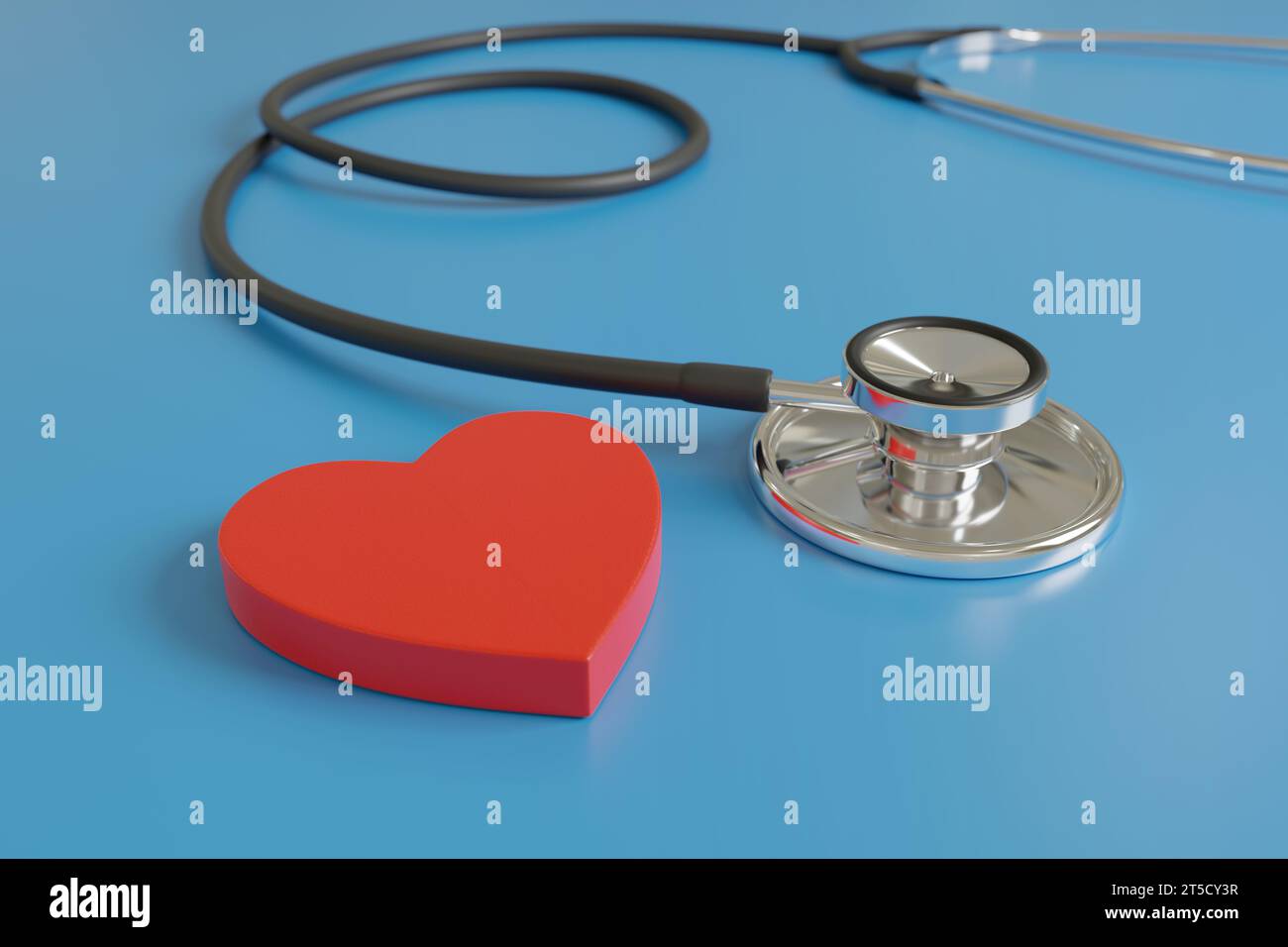 Nahaufnahme eines Stethoskops neben einer Herzform auf blauem Hintergrund. Kardiologiekonzept. 3D-Abbildung. Stockfoto