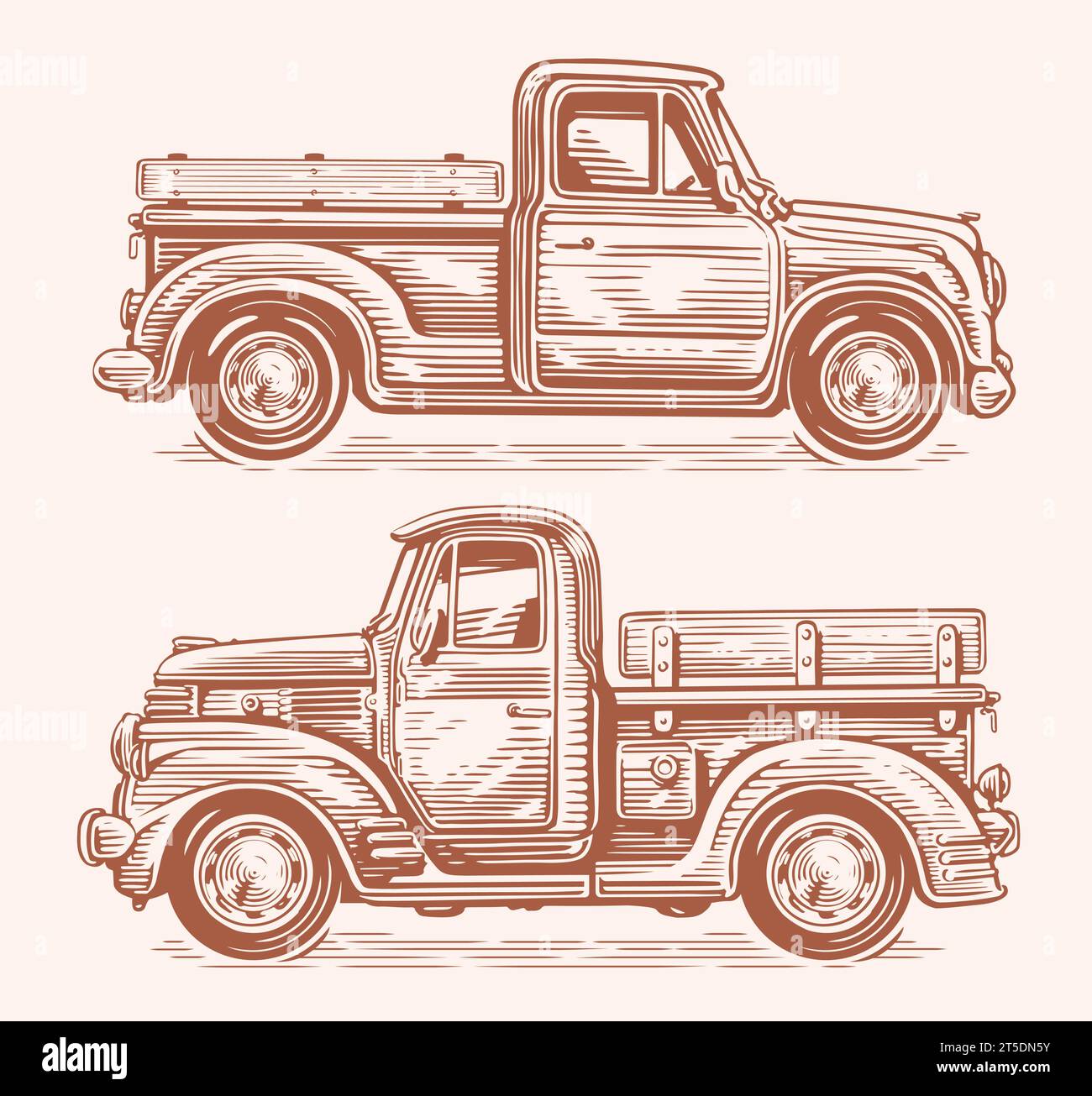 Bauernhofwagen im Retro-Stil. Oldtimer-Pick. Handgezeichnete Vektorgrafik Stock Vektor