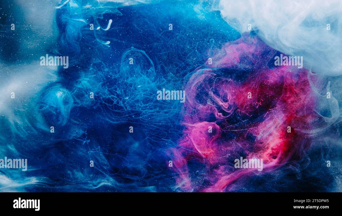 Tintentropfen Hintergrund Neonrosa Blau funkelnder Dampf Stockfoto