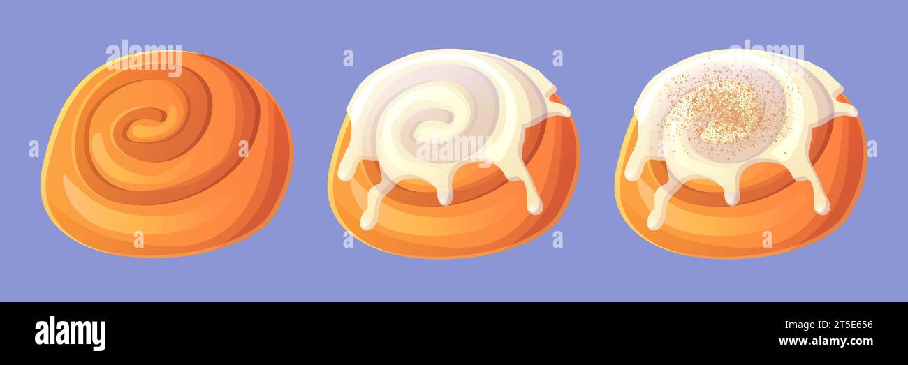 Zimtbrötchen in verschiedenen Schritten. Mit weißer Glasur, ohne Glasur und mit Zimtpulver. Stock Vektor