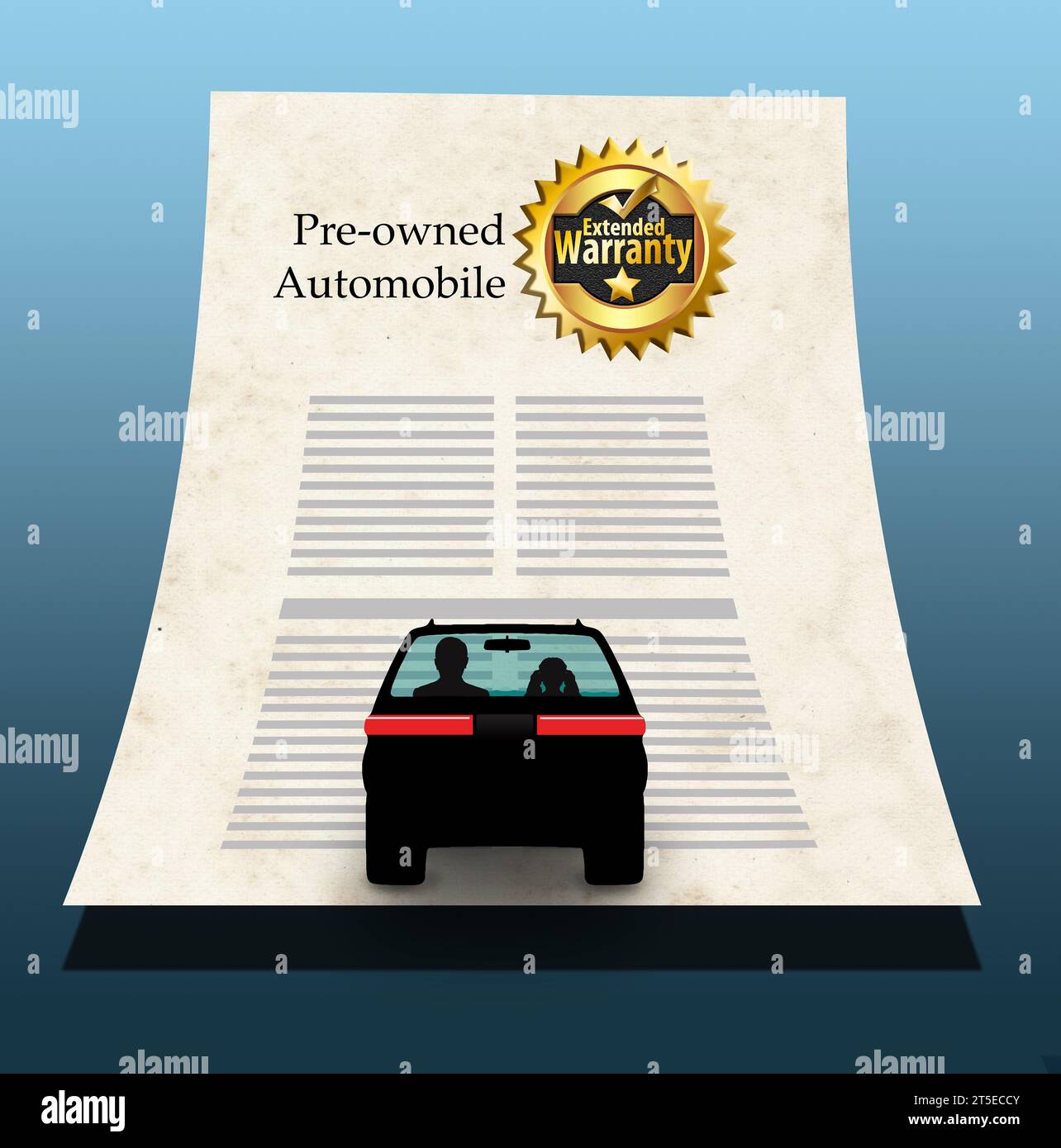 Ein Mann und ein Mädchen in einem Auto fahren in dieser 3D-Illustration auf eine riesige Garantieverlängerungsvereinbarung für Gebrauchtfahrzeuge. Stockfoto