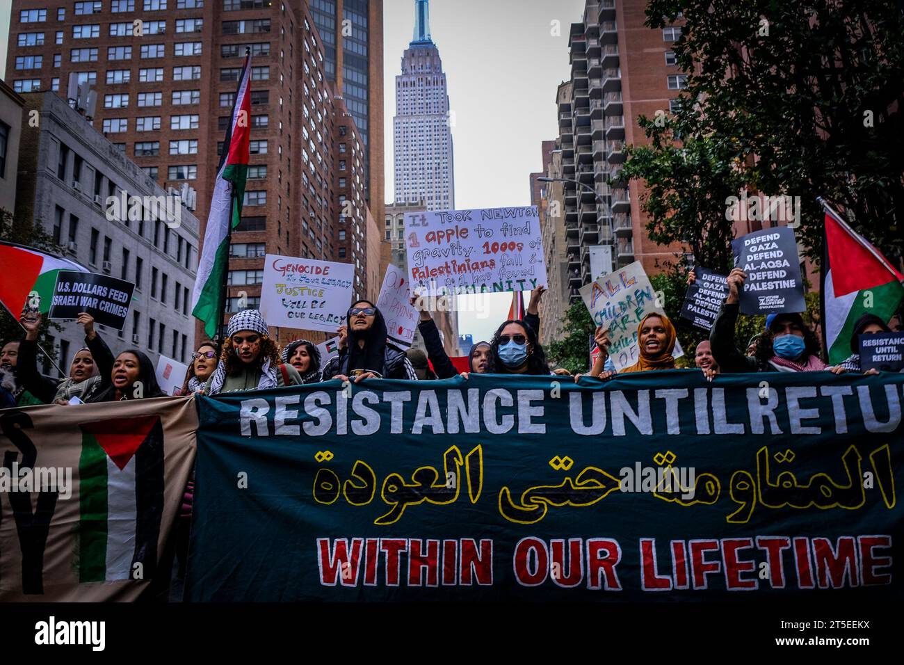 New York City, NY, USA. November 2023. Pro-palästinensische Proteste finden in Midtown Manhattan statt, um einen Waffenstillstand im Israel-Hamas-Krieg 2023 am 4. November 2023 in New York City zu fordern Stockfoto