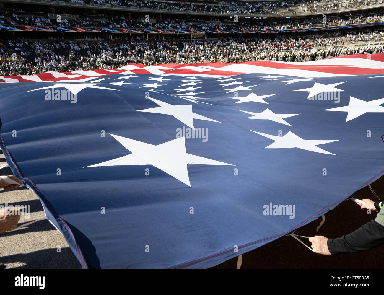 Waco, Texas, USA. November 2023. Aktive und pensionierte Militärangehörige und Familienmitglieder halten die Flagge vor dem NCAA Football-Spiel zwischen den Iowa State Cyclones und den Baylor Bears im McLane Stadium in Waco, Texas. Matthew Lynch/CSM/Alamy Live News Stockfoto