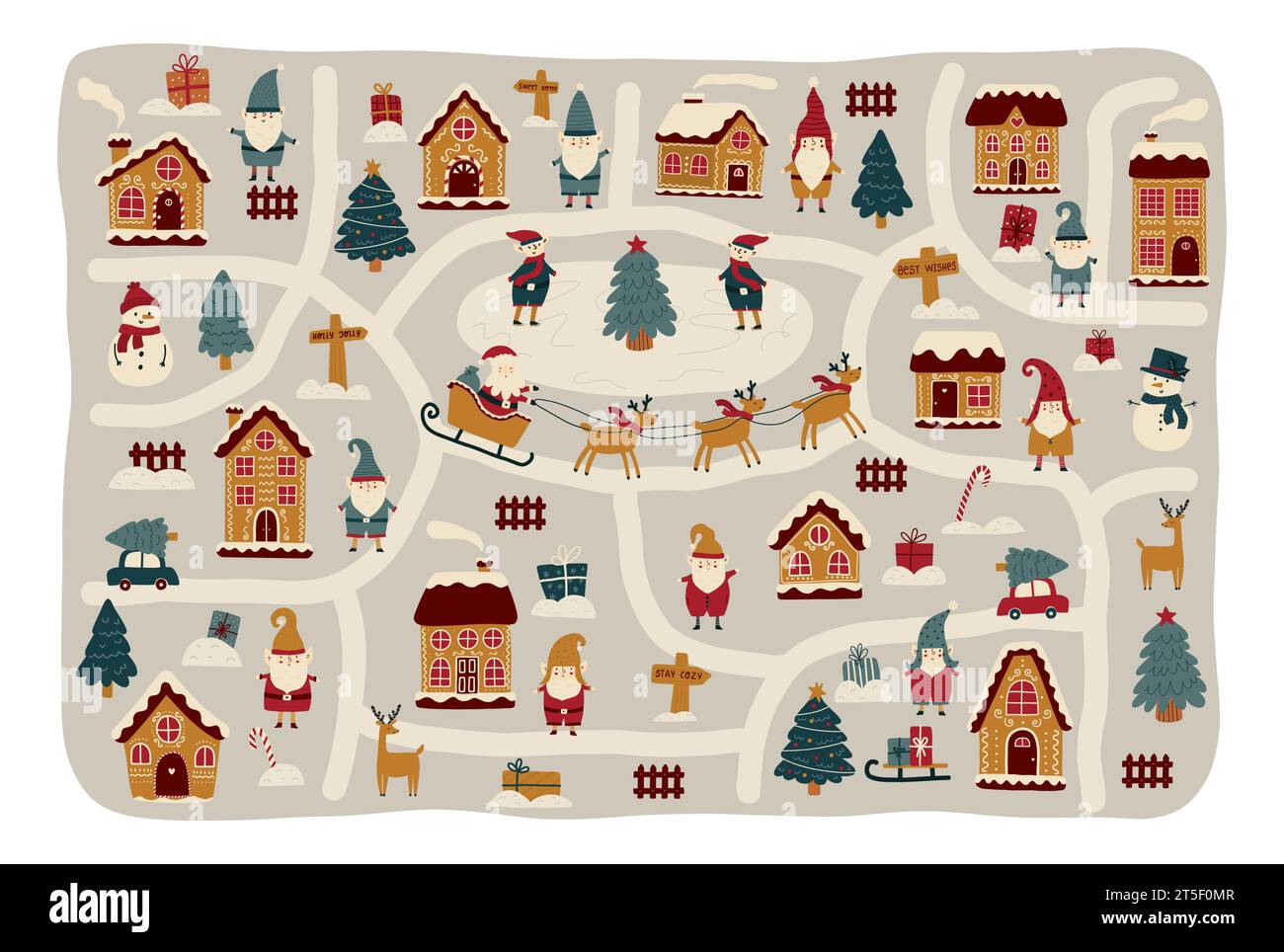 Weihnachtskarte mit Gnomen, Weihnachtsmann und Lebkuchenhäusern. Stock Vektor