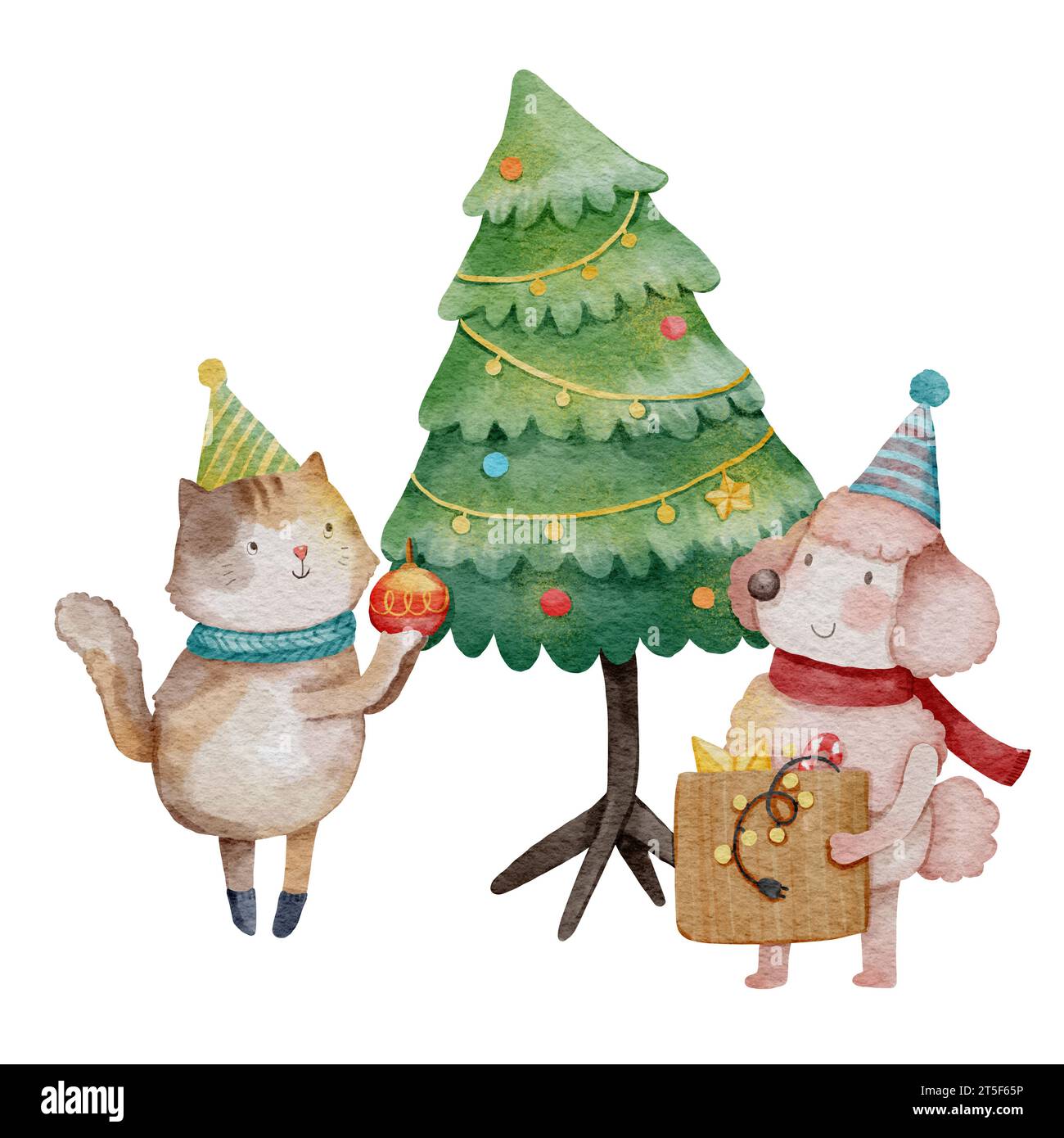 Hund und Katze schmücken einen weihnachtsbaum. Aquarellfarbe Zeichentrickfiguren. Weißer Isolathintergrund. Weihnachtsszene Set 3 von 10. Abbildung Stockfoto