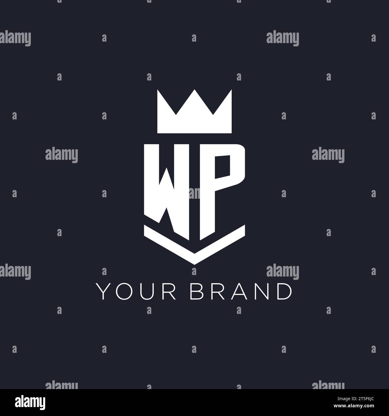 WP-Logo mit Schild und Krone, Design-Ideen mit Monogramm-Logo Stock Vektor