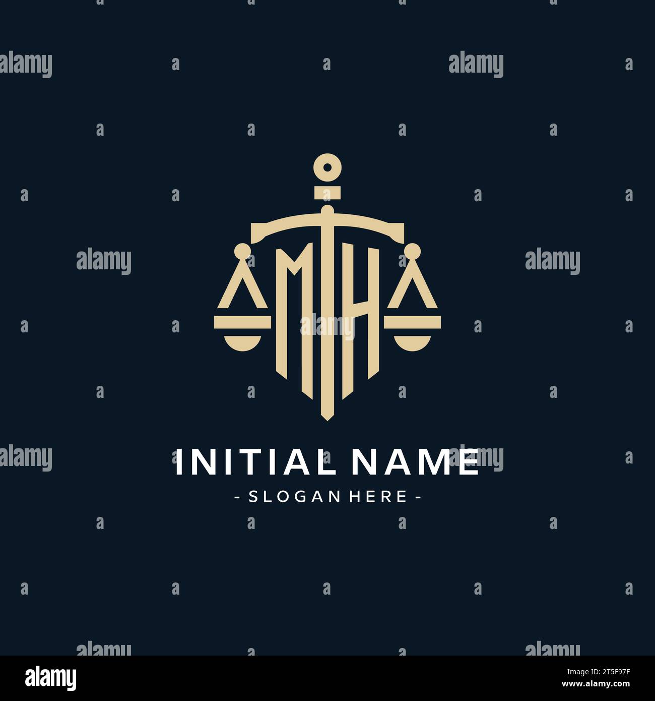 MH Initial Logo mit Skala der Gerechtigkeit und Schildsymbol, luxuriöser und eleganter Anwaltskanzleienlogostil Stock Vektor