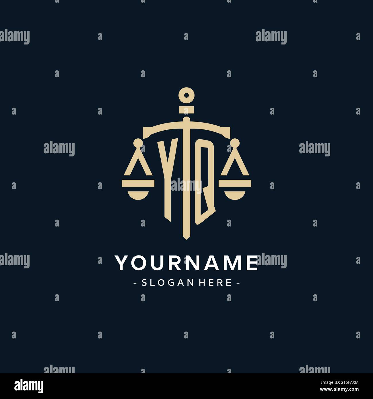 YQ Initial Logo mit Skala der Gerechtigkeit und Schildsymbol, luxuriösem und elegantem Logo für Anwaltskanzleien Stock Vektor
