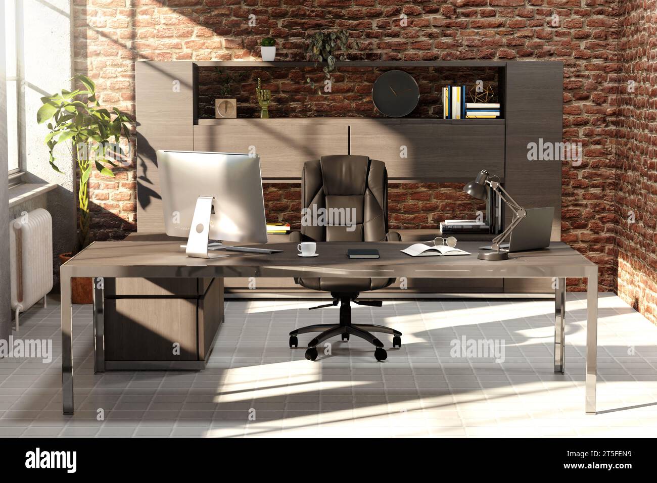 Moderne Loft-Büroeinrichtung mit Möbeln, industriellem Stil, 3D-Rendering. Stockfoto