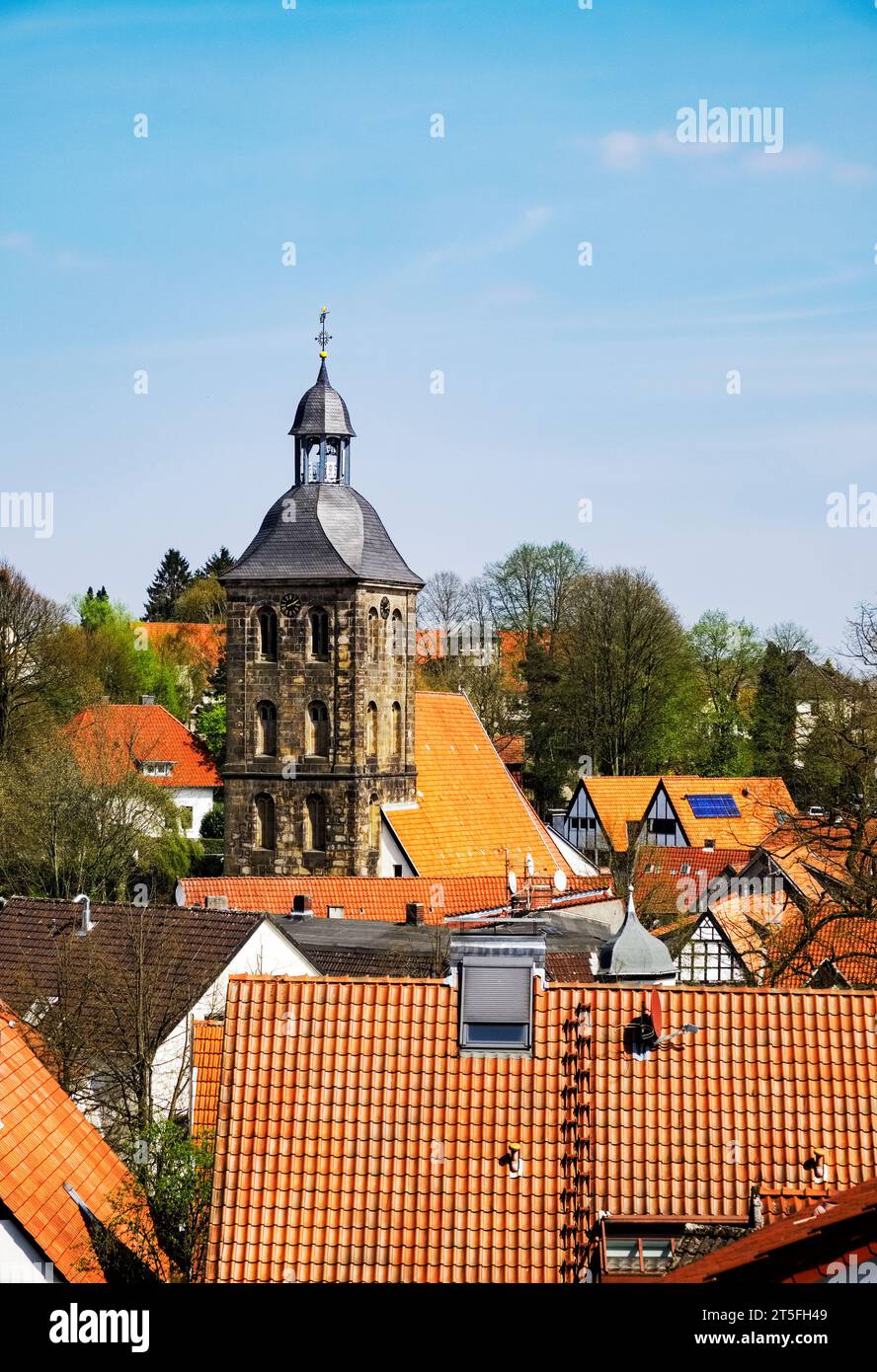 Sterben evangelisch Stadtkirche - Die evangelische Stadtkirche - von Tecklenburg mit seinen umliegenden Nachbarschaft von roten Ziegeldächern Stockfoto